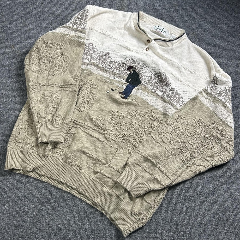 Vintage Cypress Links Sweater Mens Large Beige Golf Scene Knit Henley Made USA